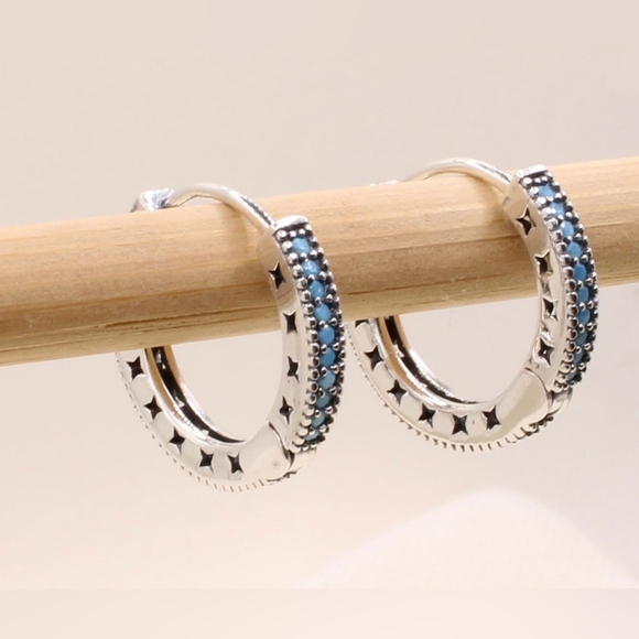 925 Oxidized Sterling Silver Blue Hoop Earring - Picture 2 of 8